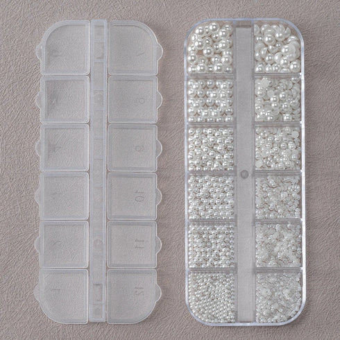 Elegant Round White Pearl Nail Beads and Charms Set for Stunning Nail Art Decoration - 12 Grids of Caviar Beads and Half Round Gems for Fall Season Nails and DIY Nail Designs